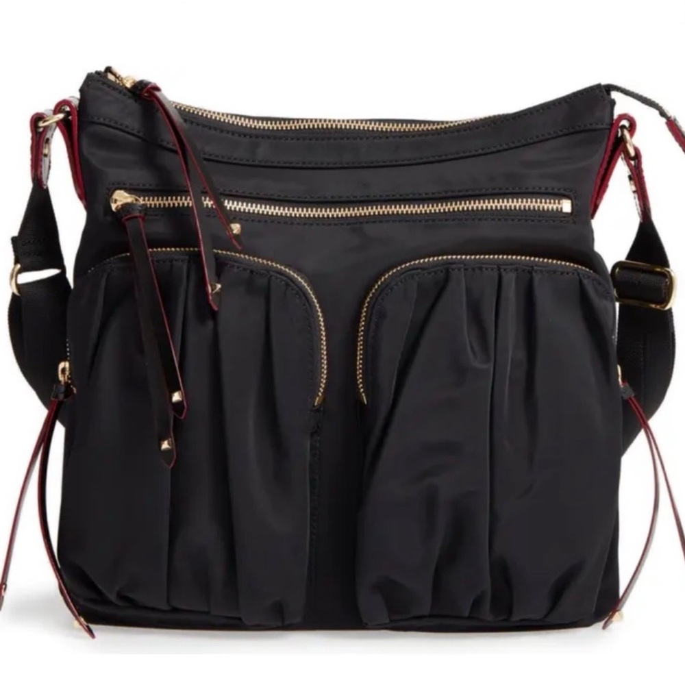 MZ Wallace Nylon Bedford Crossbody Bag Black Gold Handbag Stud Zipper Pulls Feet